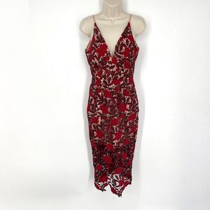 Dress The Population Aurora Embroidered Lace Dress Sz XS Burgundy Red Midi Lined